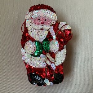 Sparkly Sequins Santa Storage Trinket Box Hanging Christmas Ornament VINTAGE
